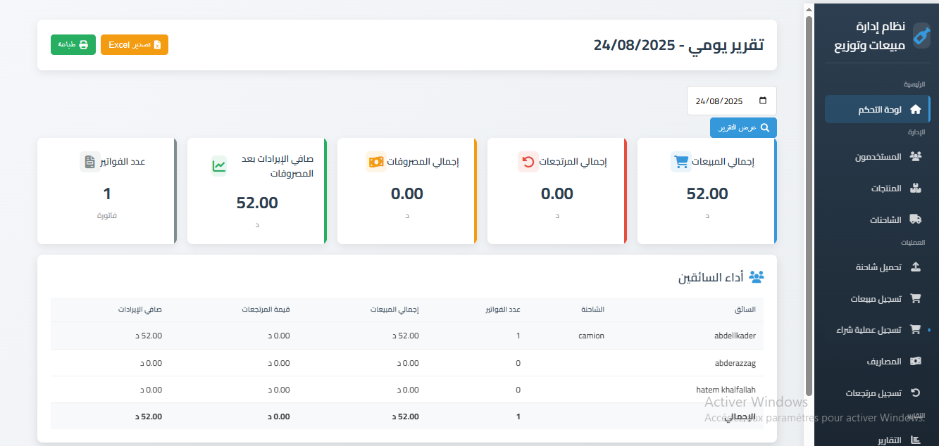 لوحة تحكم نظام إدارة المبيعات
